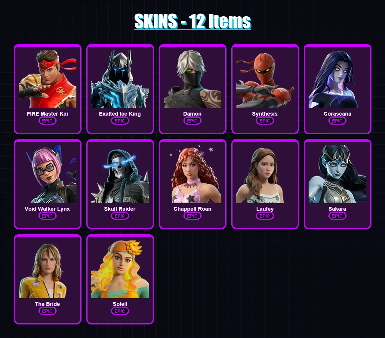 [PC/PSN] | FIRE Master Kai | Exalted Ice King | Damon | Synthesis | Corascana | 12 skin | 10 pickaxe | 5 emote | 7 glider | Lv37