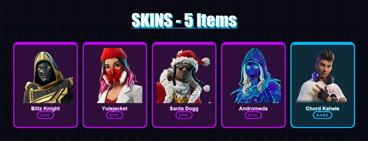 [PC] | Blitz Knight | Yulejacket | Santa Dogg | Andromeda | Chord Kahele | 5 skin | 27 pickaxe | 11 emote | 20 glider | Lv241