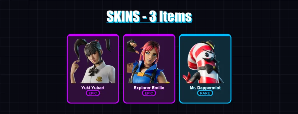 [PC/PSN] | Yuki Yubari | Explorer Emilie | Mr. Dappermint | 3 skin | 14 pickaxe | 7 emote | 9 glider | Lv123 — main preview