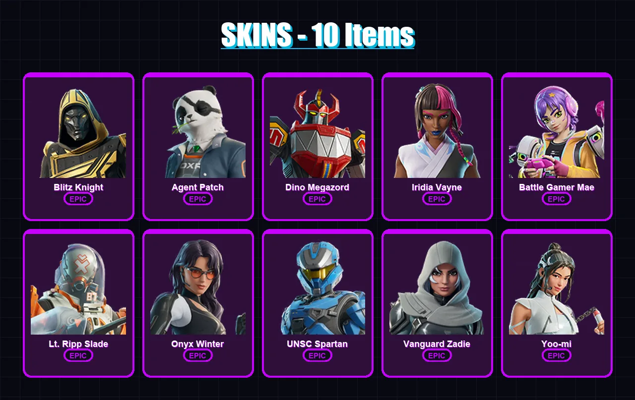[PC/XBOX/PSN] | Blitz Knight | Agent Patch | Dino Megazord | Iridia Vayne | Battle Gamer Mae | 10 skin | 55 pickaxe | 24 emote | 33 glider | Lv951