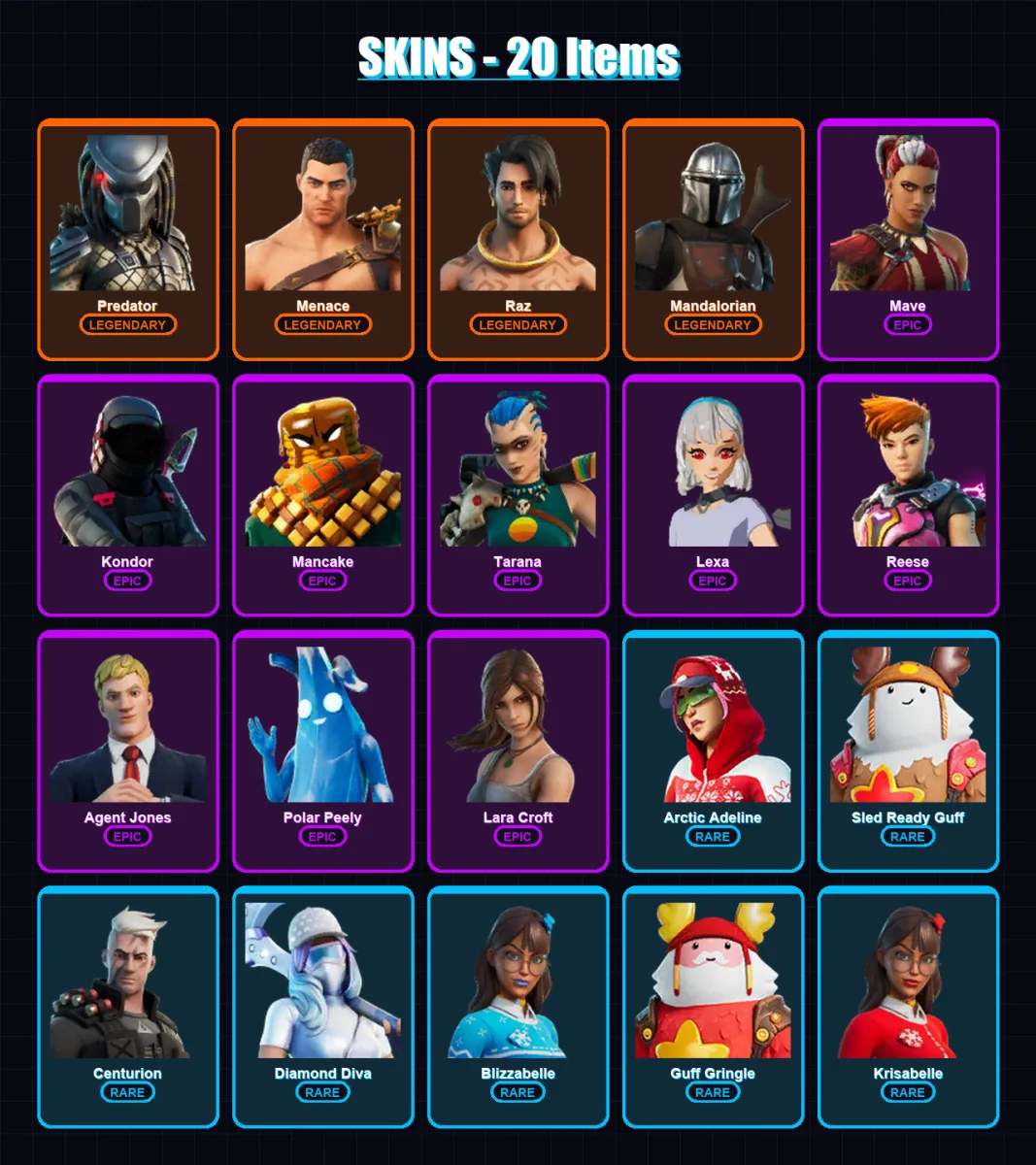 [PC/XBOX/PSN] | Predator | Menace | Raz | Mandalorian | Mave | 20 skin | 25 pickaxe | 19 emote | 22 glider | Lv231