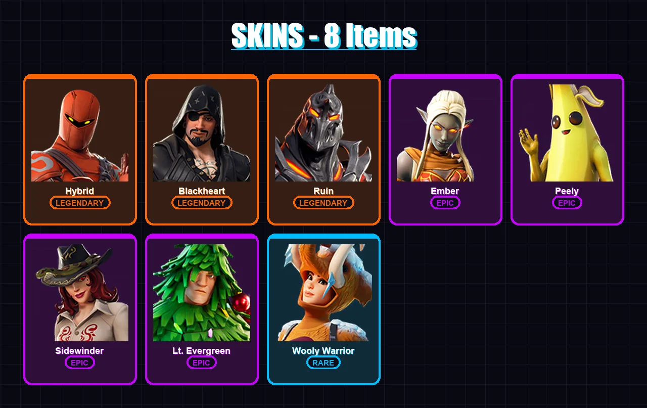 [PC/XBOX/PSN] | Hybrid | Blackheart | Ruin | Ember | Peely | 8 skin | 20 pickaxe | 24 emote | 19 glider | Lv345