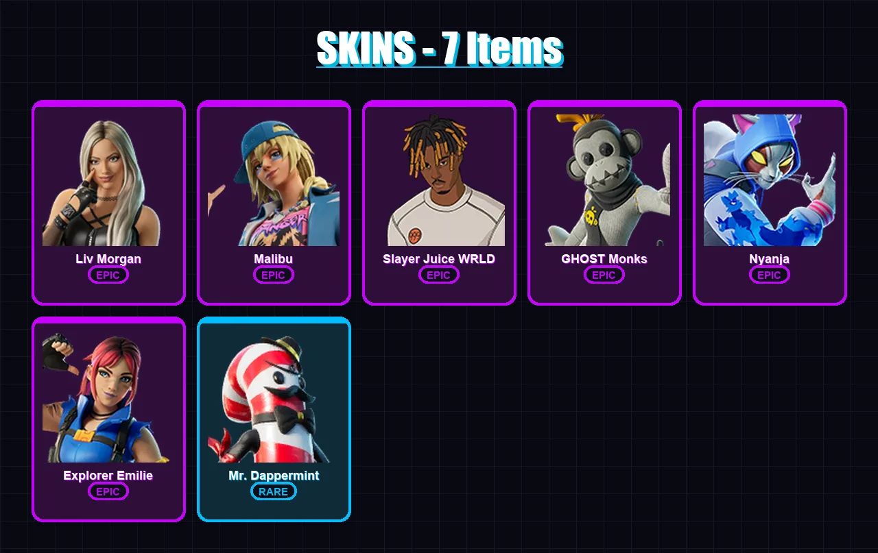 [PS4/PS5/XBOX/PC] | Liv Morgan | Malibu | Slayer Juice WRLD | GHOST Monks | Nyanja | 7 skin | 15 pickaxe | 8 emote | 11 glider | Lv100
