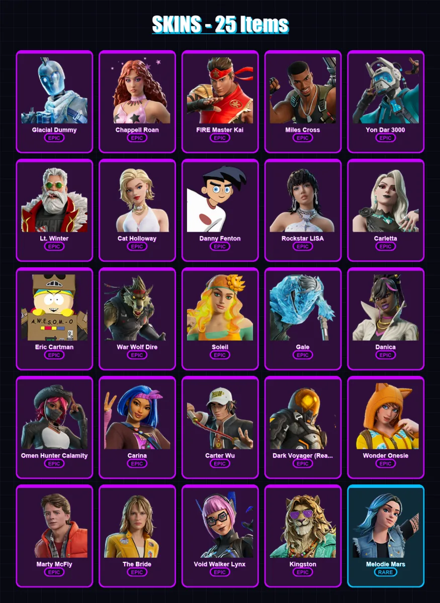 [PC/XBOX/PSN] | Glacial Dummy | Chappell Roan | FIRE Master Kai | Miles Cross | Yon Dar 3000 | 25 skin | 37 pickaxe | 24 emote | 20 glider | Lv195