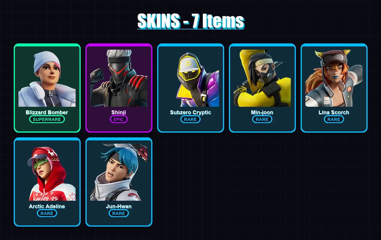 [PC] | Blizzard Bomber | Shinji | Subzero Cryptic | Min-joon | Lina Scorch | 7 skin | 20 pickaxe | 22 emote | 12 glider | Lv139