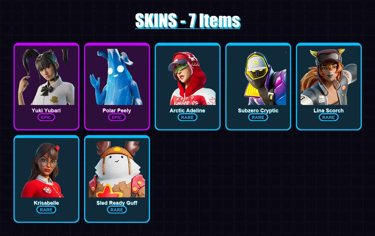[PC/XBOX] | Yuki Yubari | Polar Peely | Arctic Adeline | Subzero Cryptic | Lina Scorch | 7 skin | 20 pickaxe | 11 emote | 18 glider | Lv198