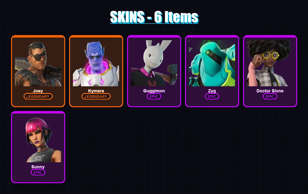 [PC/XBOX/PSN] | Joey | Kymera | Guggimon | Zyg | Doctor Slone | 6 skin | 8 pickaxe | 8 emote | 12 glider | Lv155