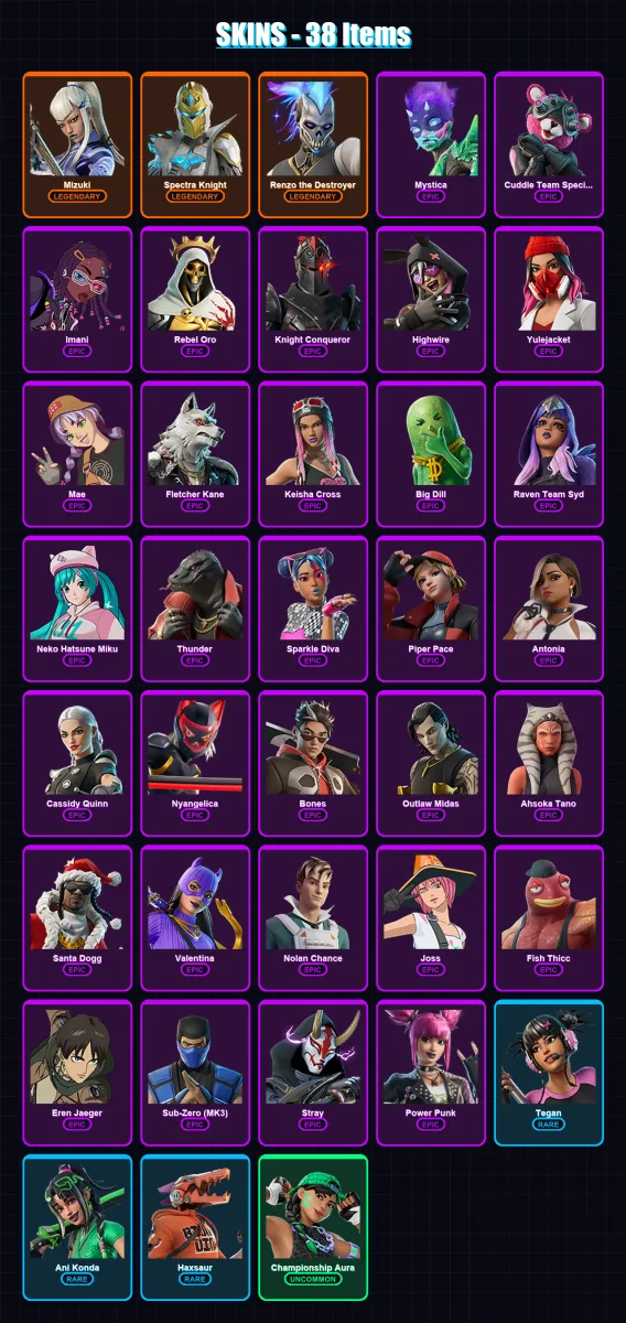[PC/PSN] | Mizuki | Spectra Knight | Renzo the Destroyer | Mystica | Cuddle Team Specialist | 38 skin | 77 pickaxe | 51 emote | 47 glider | Lv642