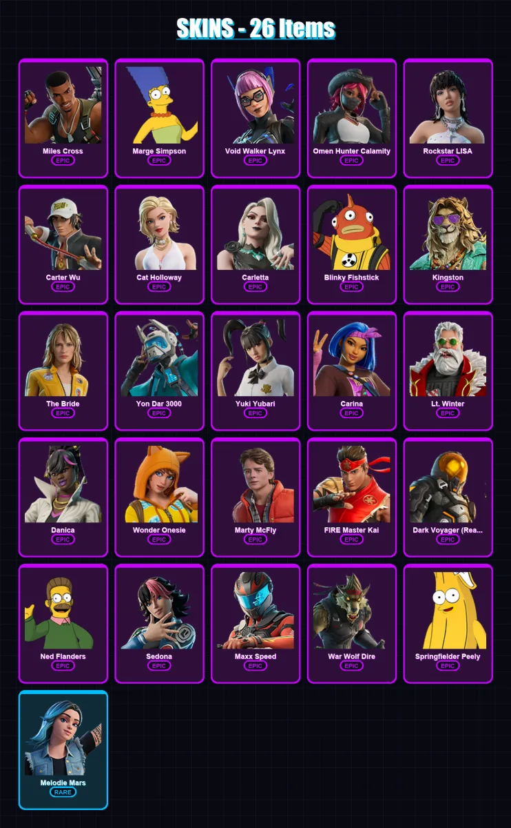 [PC/PSN] | Miles Cross | Marge Simpson | Void Walker Lynx | Omen Hunter Calamity | Rockstar LISA | 26 skin | 35 pickaxe | 27 emote | 21 glider | Lv3 — Fortnite account
