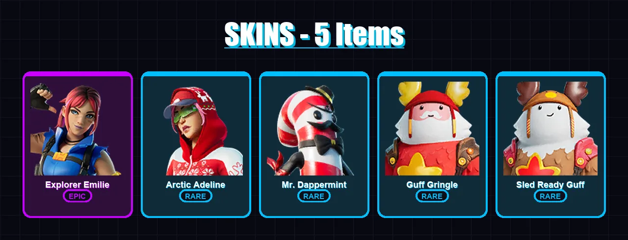 [PC/PSN] | Explorer Emilie | Arctic Adeline | Mr. Dappermint | Guff Gringle | Sled Ready Guff | 5 skin | 5 pickaxe | 6 emote | 6 glider | Lv79