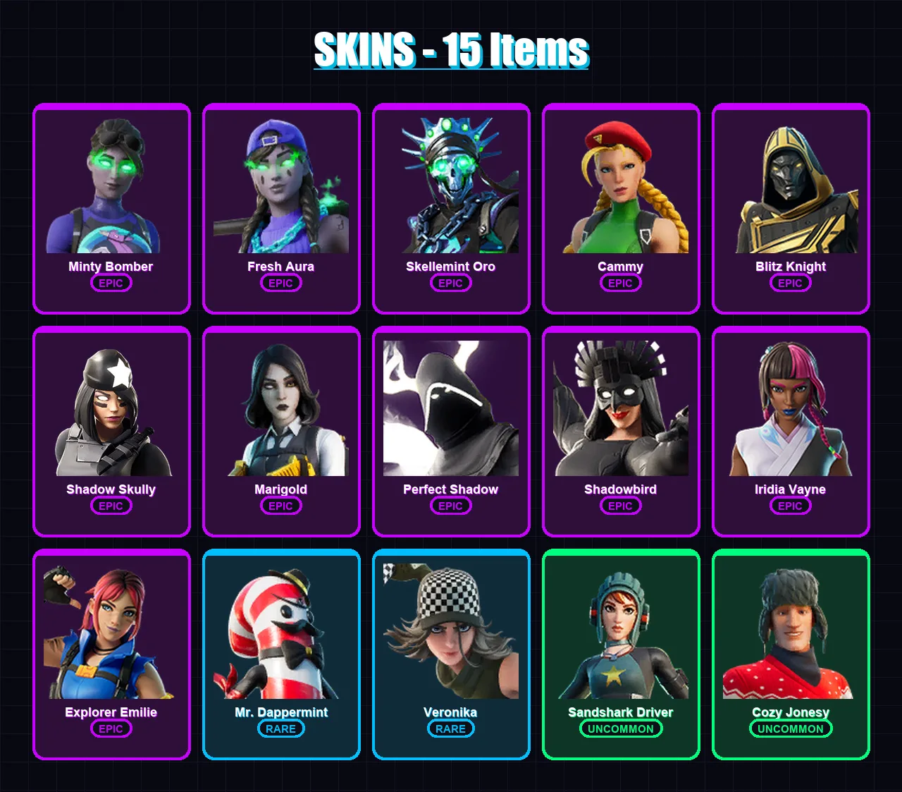 [PC/XBOX/PSN] | Minty Bomber | Fresh Aura | Skellemint Oro | Cammy | Blitz Knight | 15 skin | 21 pickaxe | 7 emote | 11 glider | Lv337