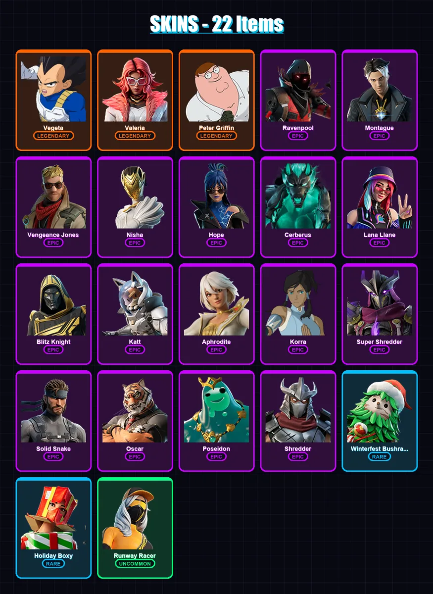 [PS4/PS5/XBOX/PC] | Vegeta | Valeria | Peter Griffin | Ravenpool | Montague | 22 skin | 49 pickaxe | 37 emote | 32 glider | Lv563