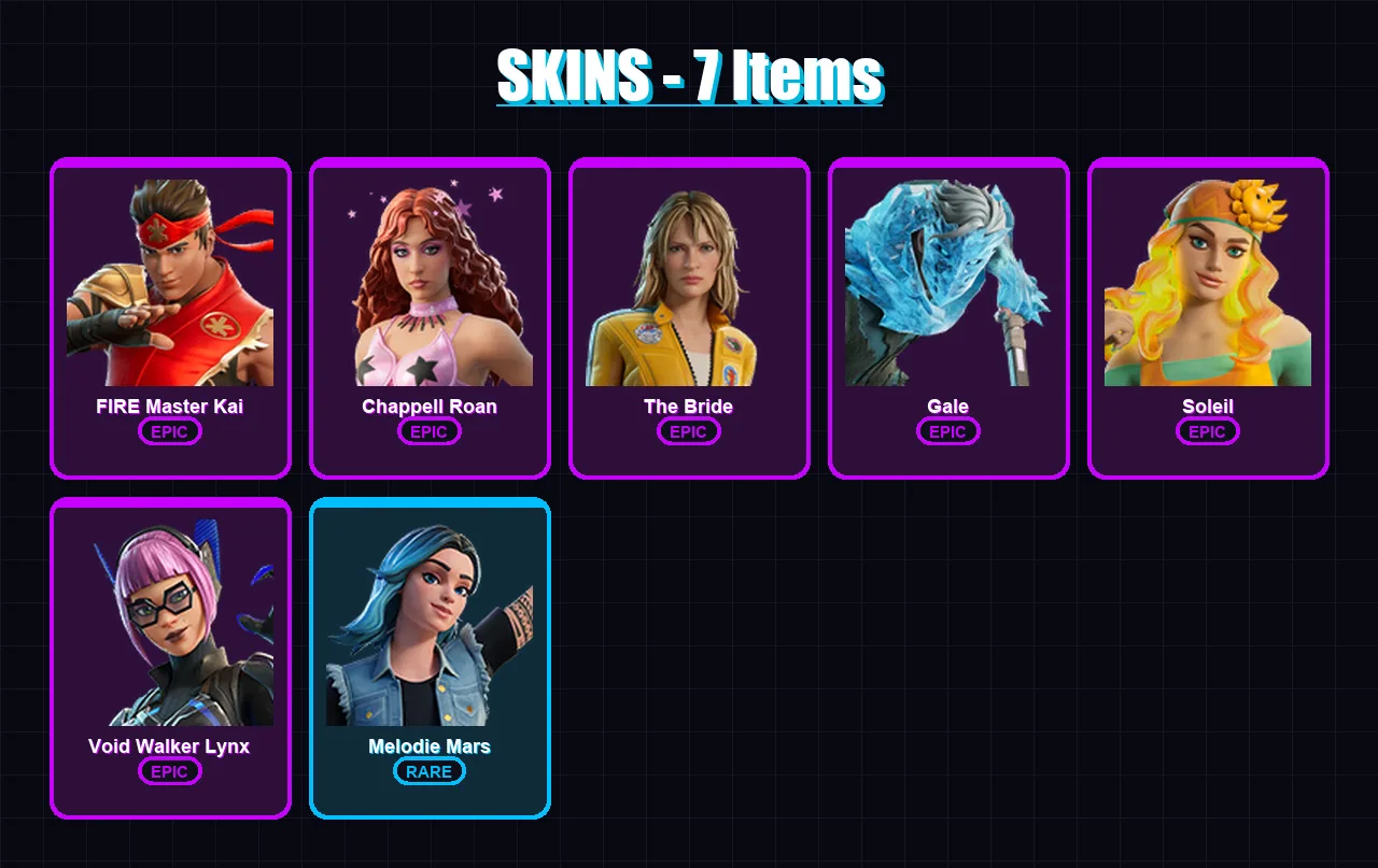 [PC/PSN] | FIRE Master Kai | Chappell Roan | The Bride | Gale | Soleil | 7 skin | 3 pickaxe | 3 emote | 3 glider | Lv5