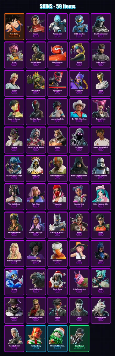 [PC/XBOX/PSN] | Son Goku | Kendo | Reboot Man | UNSC Spartan | Skull Commander | 59 skin | 61 pickaxe | 44 emote | 40 glider | Lv340