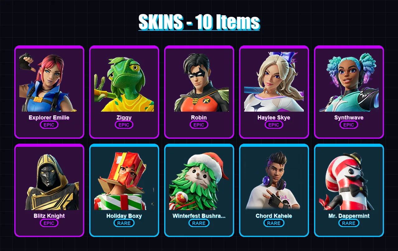 [PC/XBOX] | Explorer Emilie | Ziggy | Robin | Haylee Skye | Synthwave | 10 skin | 18 pickaxe | 9 emote | 18 glider | Lv144
