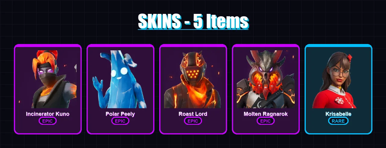 [PC/XBOX/PSN] | Incinerator Kuno | Polar Peely | Roast Lord | Molten Ragnarok | Krisabelle | 5 skin | 7 pickaxe | 4 emote | 5 glider | Lv33