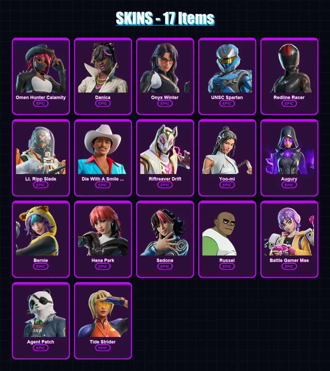 [PC/XBOX/PSN] | Omen Hunter Calamity | Danica | Onyx Winter | UNSC Spartan | Redline Racer | 17 skin | 18 pickaxe | 18 emote | 11 glider | Lv84
