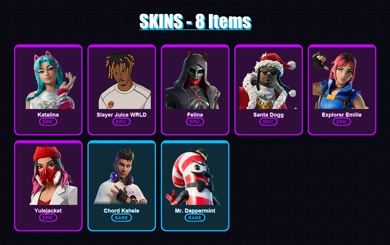 [PC/XBOX/PSN] | Katalina | Slayer Juice WRLD | Felina | Santa Dogg | Explorer Emilie | 8 skin | 42 pickaxe | 15 emote | 28 glider | Lv614