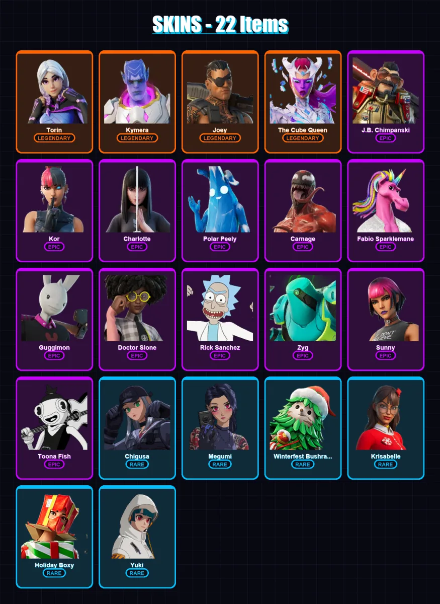 [PC/XBOX/PSN] | Torin | Kymera | Joey | The Cube Queen | J.B. Chimpanski | 22 skin | 26 pickaxe | 35 emote | 24 glider | Lv318