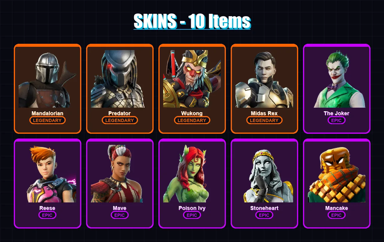 [PC/XBOX/PSN] | Mandalorian | Predator | Wukong | Midas Rex | The Joker | 10 skin | 18 pickaxe | 6 emote | 16 glider | Lv217