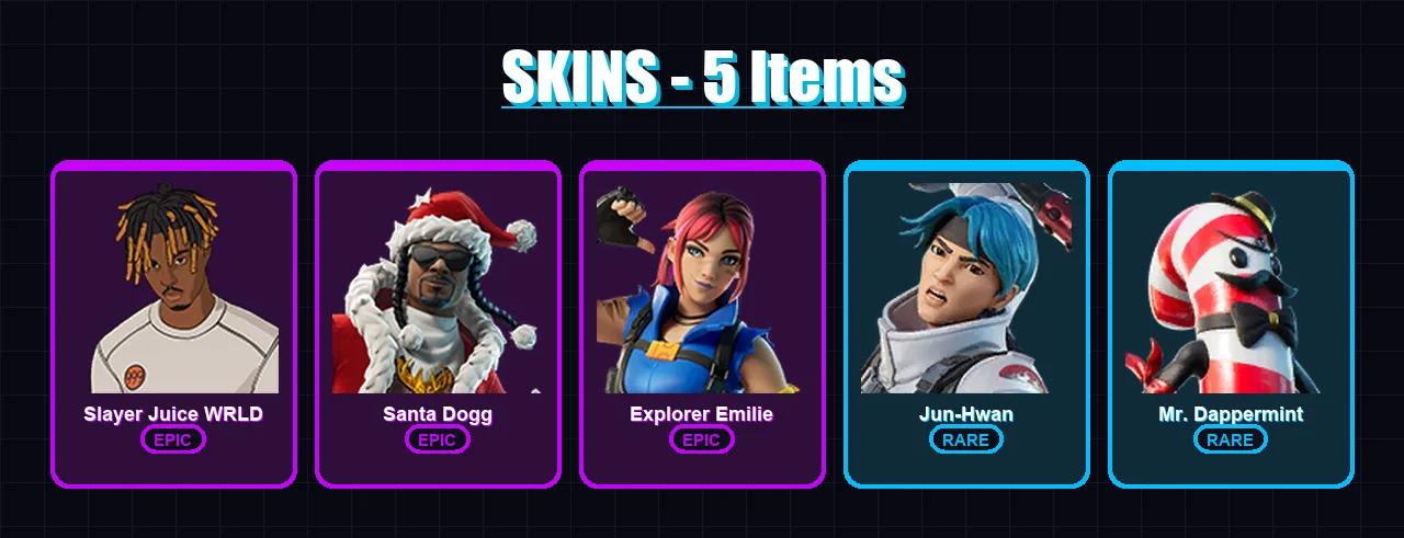 [PC/XBOX] | Slayer Juice WRLD | Santa Dogg | Explorer Emilie | Jun-Hwan | Mr. Dappermint | 5 skin | 5 pickaxe | 3 emote | 6 glider | Lv52