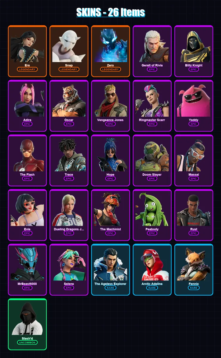 [PC/XBOX] | Era | Snap | Zero | Geralt of Rivia | Blitz Knight | 26 skin | 64 pickaxe | 37 emote | 50 glider | Lv556