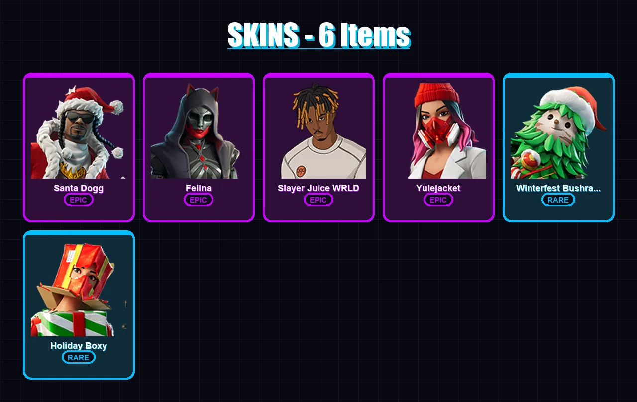 [SWITCH/PSN/PC] | Santa Dogg | Felina | Slayer Juice WRLD | Yulejacket | Winterfest Bushranger | 6 skin | 50 pickaxe | 23 emote | 36 glider | Lv691