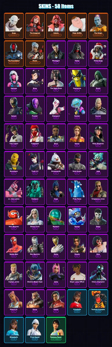 [PC/PSN] | Snap | The Imagined | Valeria | Peter Griffin | The Origin | 58 skin | 91 pickaxe | 68 emote | 82 glider | Lv1644