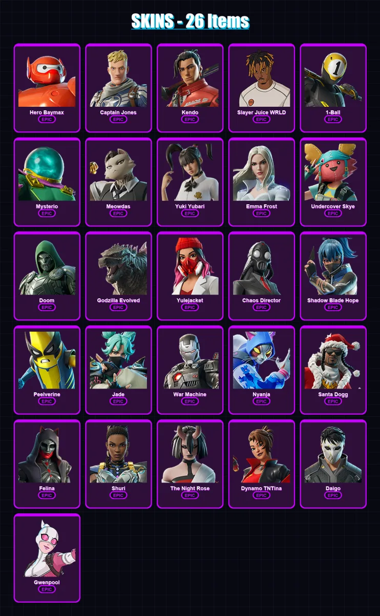 [PC/XBOX/PSN] | Hero Baymax | Captain Jones | Kendo | Slayer Juice WRLD | 1-Ball | 26 skin | 81 pickaxe | 50 emote | 57 glider | Lv954