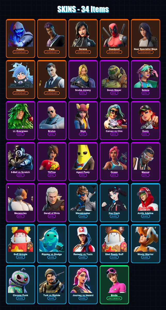 [PC/XBOX/PSN] | Fusion | Fade | Sorana | Deadpool | Gear Specialist Maya | 34 skin | 54 pickaxe | 44 emote | 57 glider | Lv910