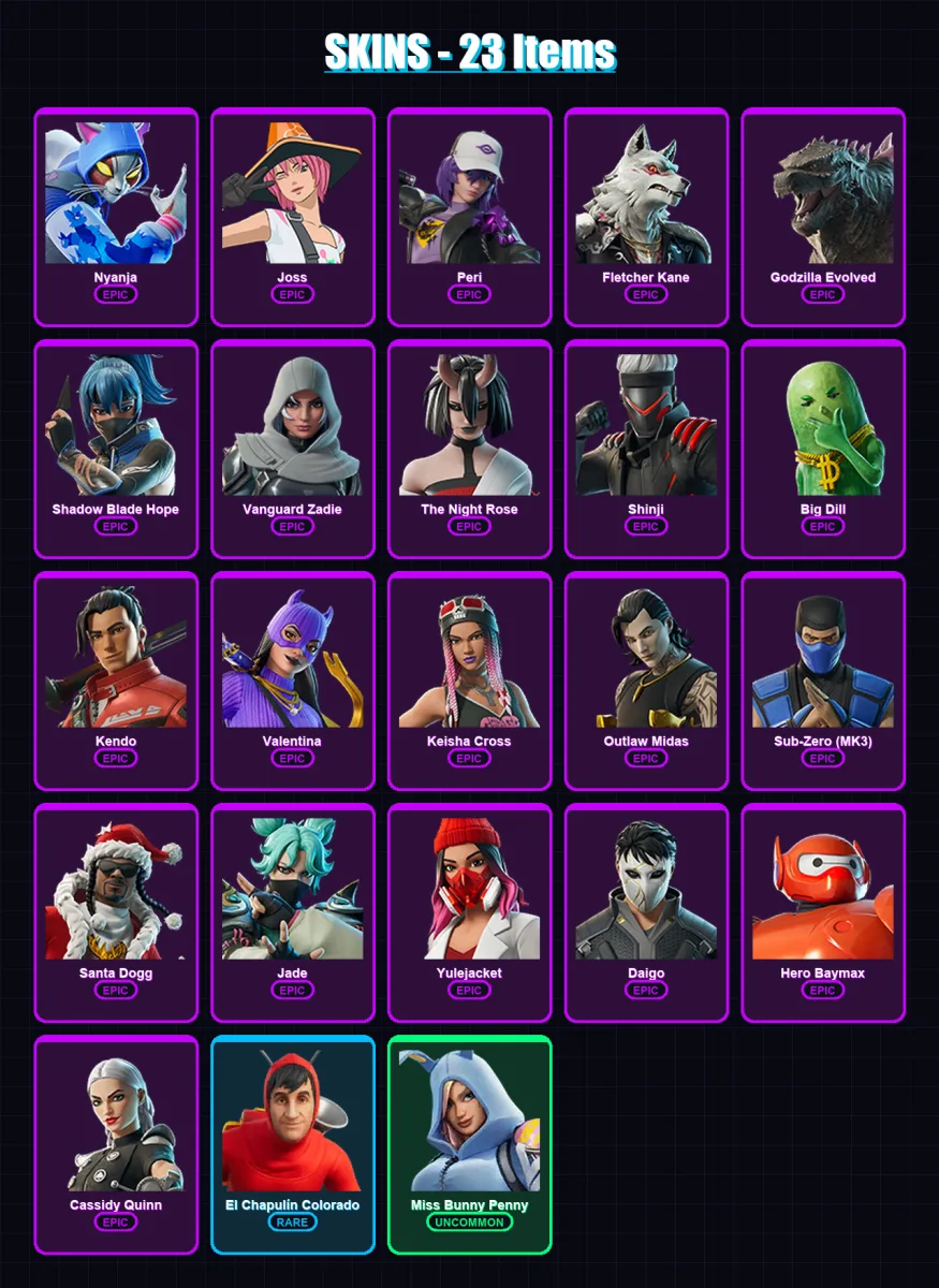 [PS4/PS5/XBOX/PC] | Nyanja | Joss | Peri | Fletcher Kane | Godzilla Evolved | 23 skin | 55 pickaxe | 34 emote | 42 glider | Lv482