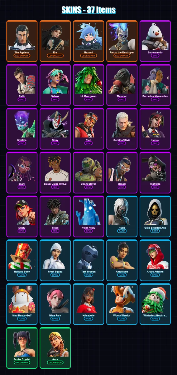[PC] | The Ageless | Era | Nezumi | Renzo the Destroyer | Snowmando | 37 skin | 92 pickaxe | 65 emote | 88 glider | Lv1320