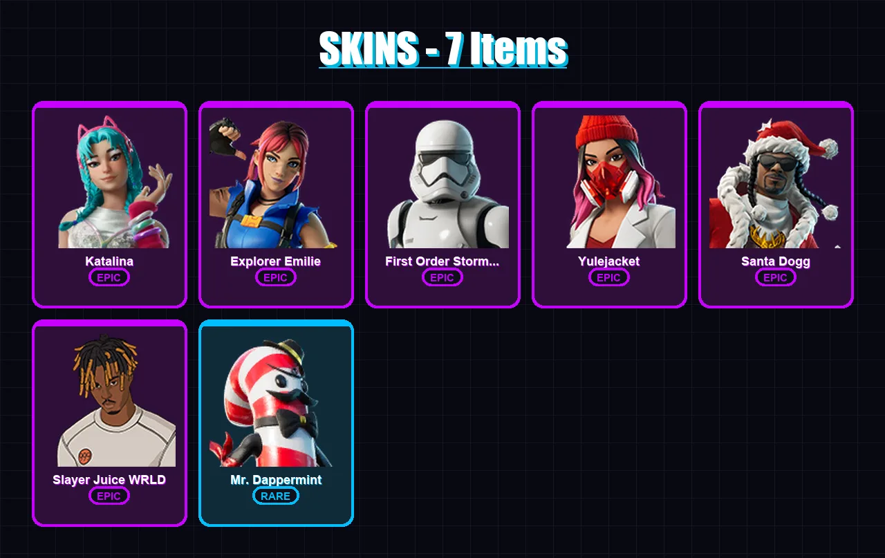 [PC/XBOX/PSN] | Katalina | Explorer Emilie | First Order Stormtrooper | Yulejacket | Santa Dogg | 7 skin | 11 pickaxe | 6 emote | 8 glider | Lv49