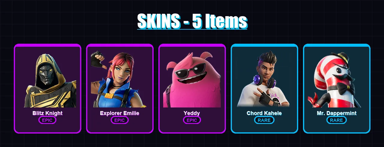 [PC/XBOX] | Blitz Knight | Explorer Emilie | Yeddy | Chord Kahele | Mr. Dappermint | 5 skin | 41 pickaxe | 17 emote | 28 glider | Lv350