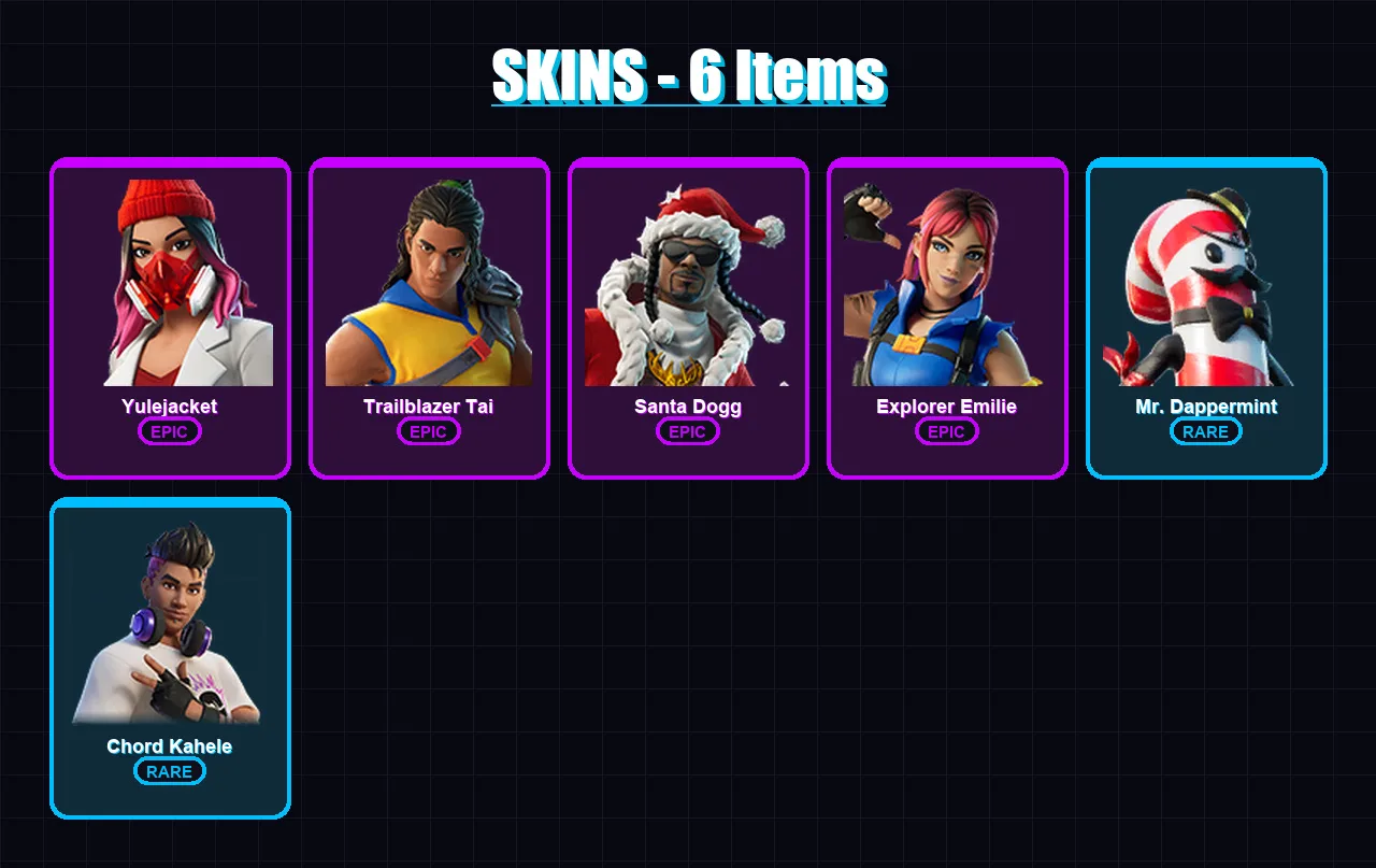 [PS4/PS5/PC] | Yulejacket | Trailblazer Tai | Santa Dogg | Explorer Emilie | Mr. Dappermint | 6 skin | 13 pickaxe | 7 emote | 10 glider | Lv135