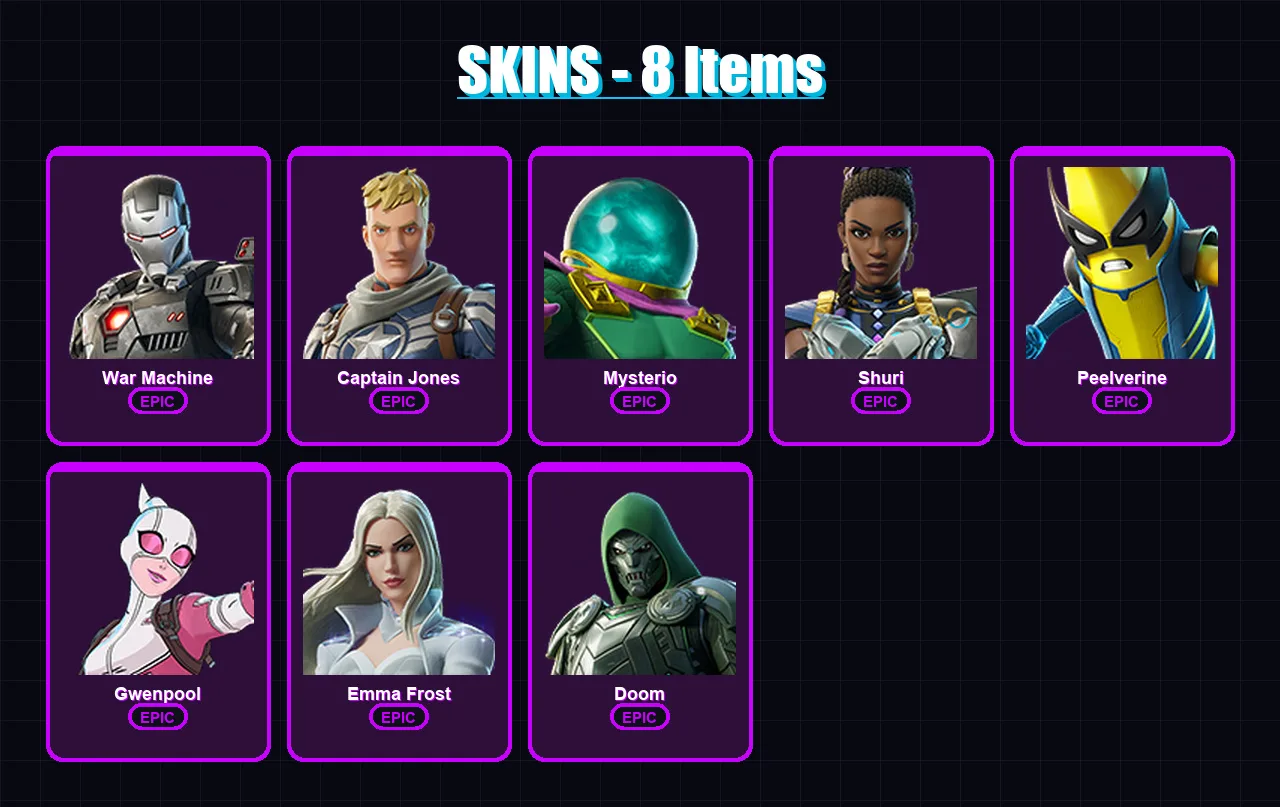 [PC/PSN] | War Machine | Captain Jones | Mysterio | Shuri | Peelverine | 8 skin | 14 pickaxe | 13 emote | 15 glider | Lv156