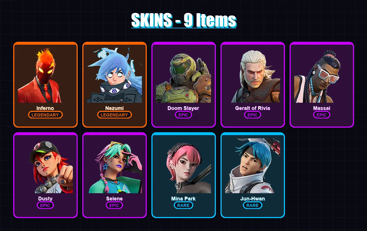 [PS4/PS5/XBOX/PC] | Inferno | Nezumi | Doom Slayer | Geralt of Rivia | Massai | 9 skin | 15 pickaxe | 8 emote | 9 glider | Lv89