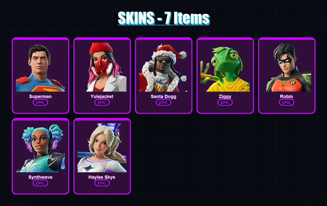 [PC/XBOX/PSN] | Superman | Yulejacket | Santa Dogg | Ziggy | Robin | 7 skin | 21 pickaxe | 9 emote | 16 glider | Lv97