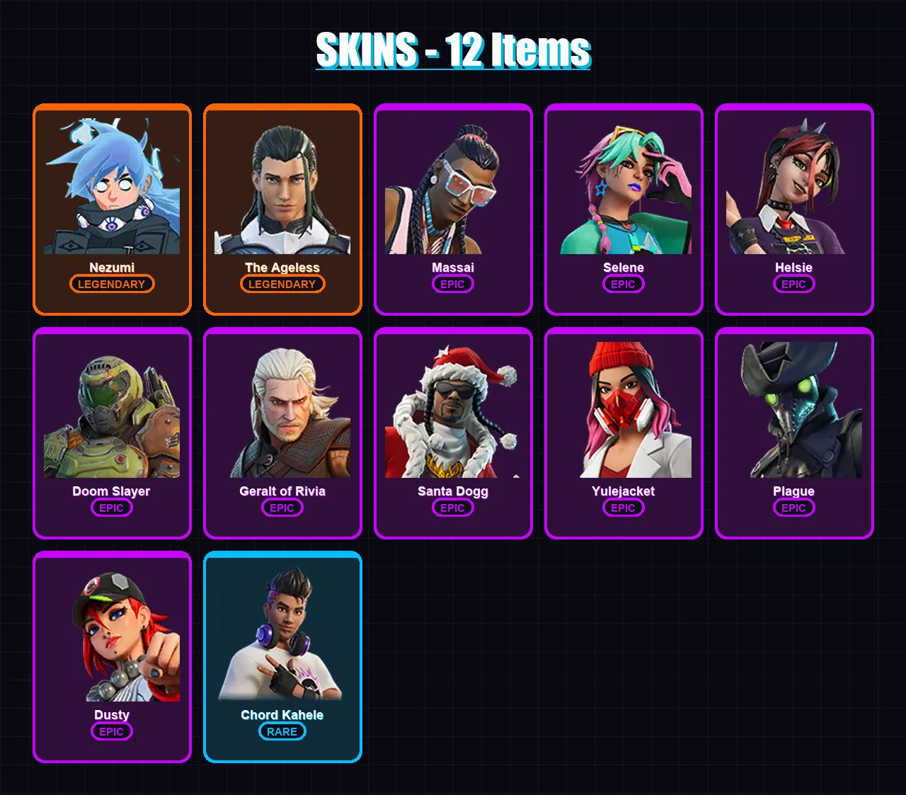 [PC/XBOX] | Nezumi | The Ageless | Massai | Selene | Helsie | 12 skin | 24 pickaxe | 20 emote | 15 glider | Lv256