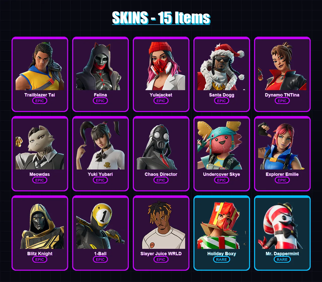 [PC/XBOX/PSN] | Trailblazer Tai | Felina | Yulejacket | Santa Dogg | Dynamo TNTina | 15 skin | 67 pickaxe | 27 emote | 42 glider | Lv694