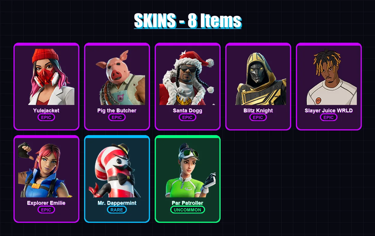 [PC] | Yulejacket | Pig the Butcher | Santa Dogg | Blitz Knight | Slayer Juice WRLD | 8 skin | 57 pickaxe | 23 emote | 38 glider | Lv548