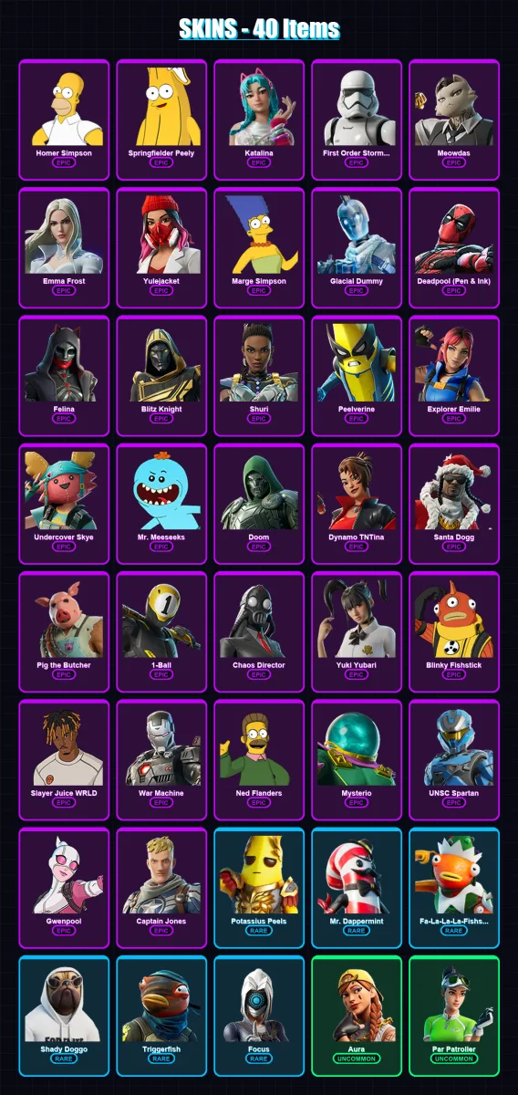 [PC/XBOX] | Homer Simpson | Springfielder Peely | Katalina | First Order Stormtrooper | Meowdas | 40 skin | 112 pickaxe | 64 emote | 67 glider | Lv9