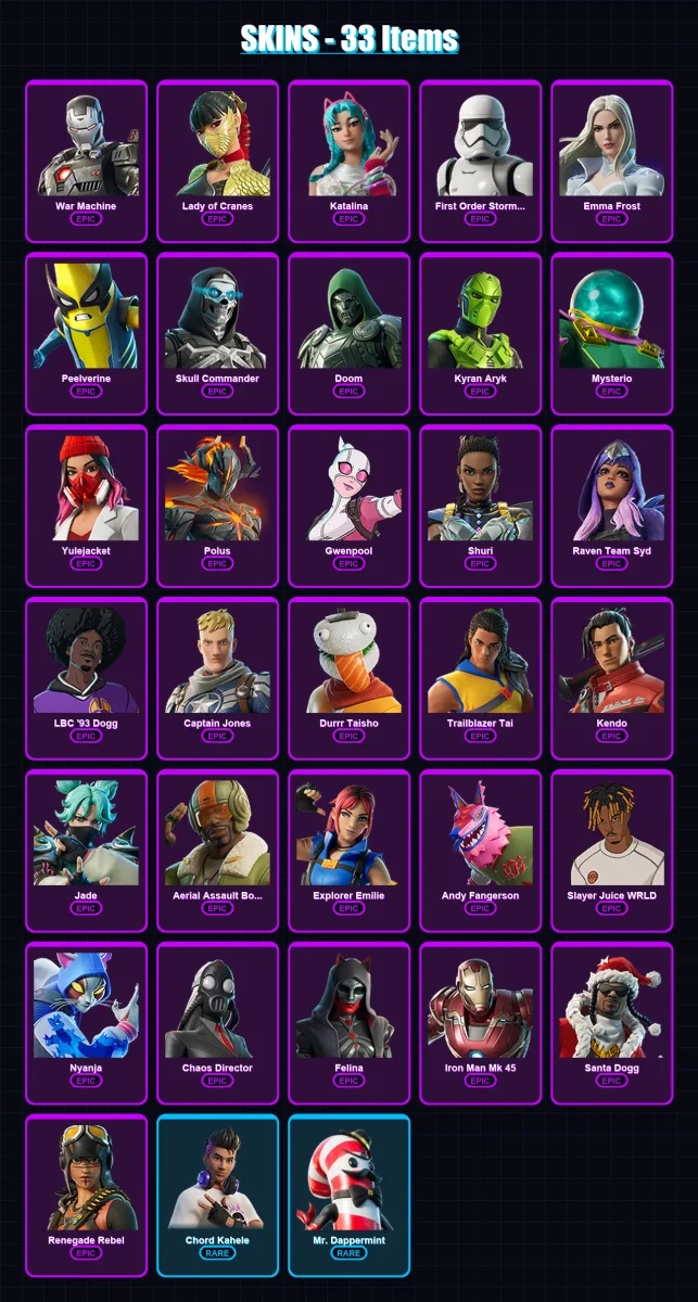 [PC/XBOX/PSN] | War Machine | Lady of Cranes | Katalina | First Order Stormtrooper | Emma Frost | 33 skin | 46 pickaxe | 32 emote | 27 glider | Lv33