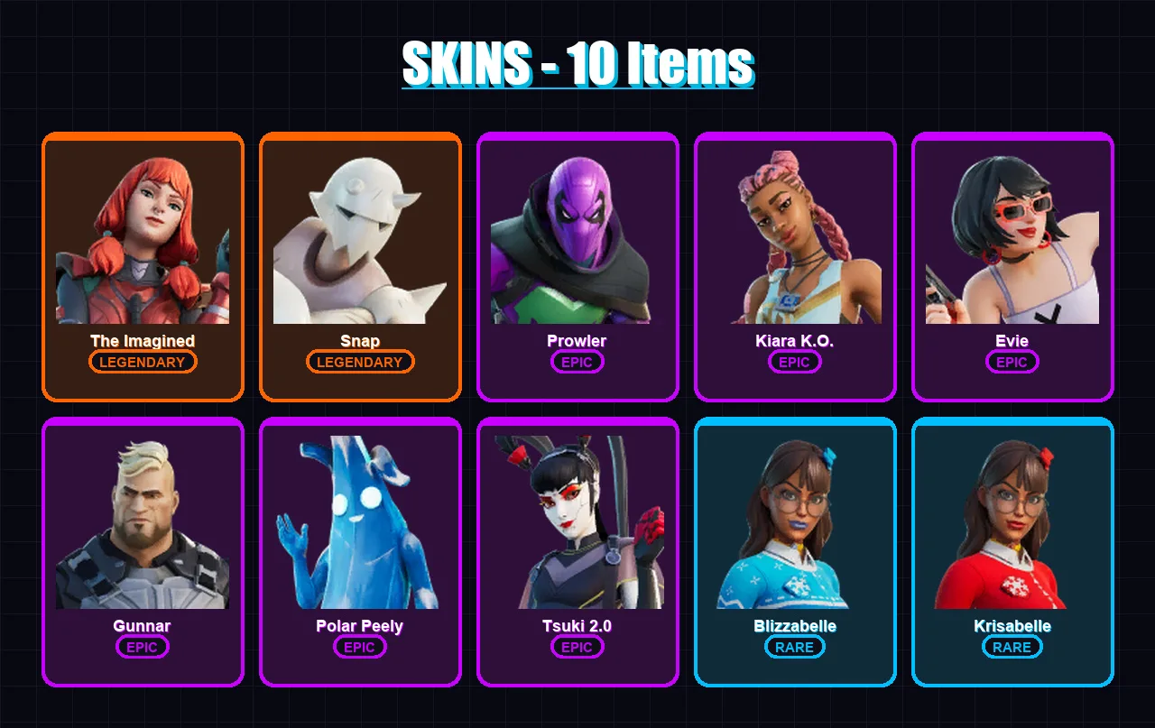 [PC/XBOX/PSN] | The Imagined | Snap | Prowler | Kiara K.O. | Evie | 10 skin | 17 pickaxe | 7 emote | 11 glider | Lv185