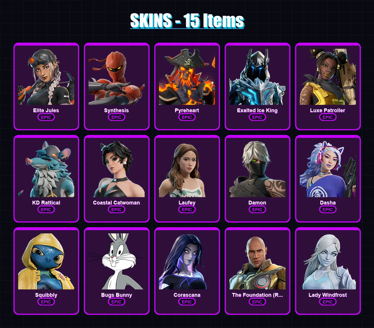 [PC/PSN] | Elite Jules | Synthesis | Pyreheart | Exalted Ice King | Luxe Patroller | 15 skin | 21 pickaxe | 11 emote | 14 glider | Lv86