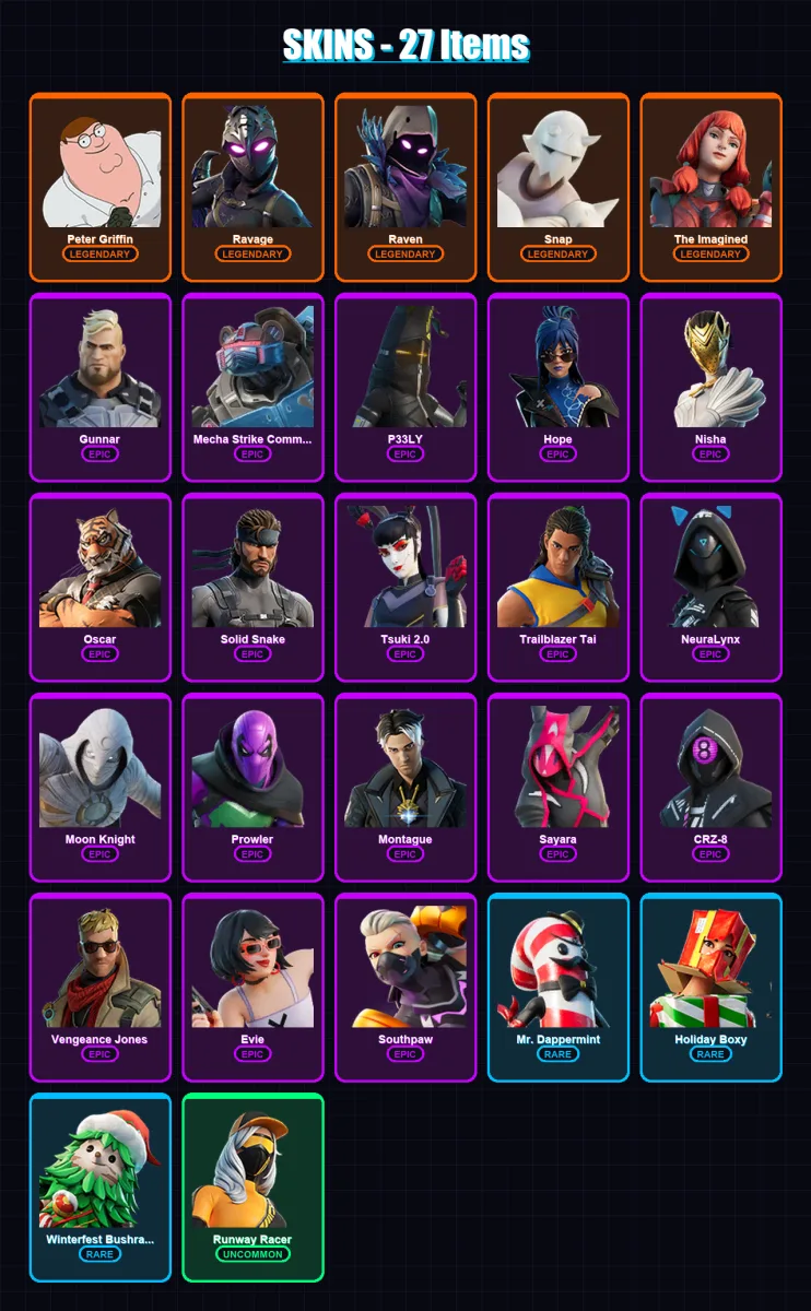 [PC/XBOX/PSN] | Peter Griffin | Ravage | Raven | Snap | The Imagined | 27 skin | 28 pickaxe | 12 emote | 20 glider | Lv203 — Fortnite account