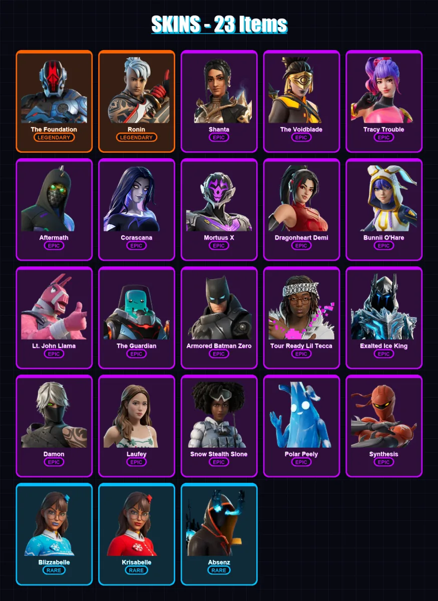 [PC/XBOX/PSN] | The Foundation | Ronin | Shanta | The Voidblade | Tracy Trouble | 23 skin | 36 pickaxe | 20 emote | 24 glider | Lv304
