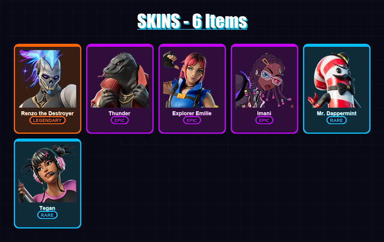 [PC/XBOX/PSN] | Renzo the Destroyer | Thunder | Explorer Emilie | Imani | Mr. Dappermint | 6 skin | 10 pickaxe | 9 emote | 12 glider | Lv108