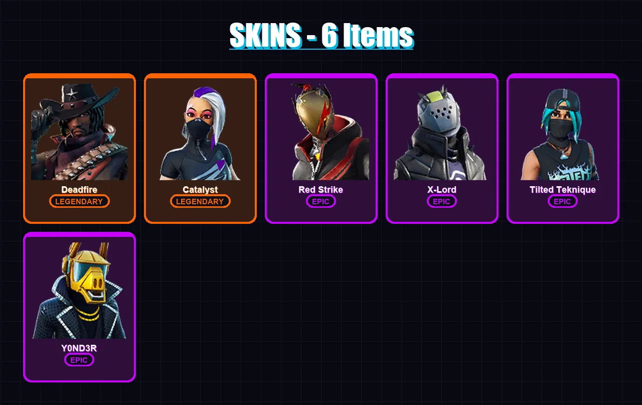 [PC/XBOX/PSN] | Deadfire | Catalyst | Red Strike | X-Lord | Tilted Teknique | 6 skin | 3 pickaxe | 9 emote | 6 glider | Lv55