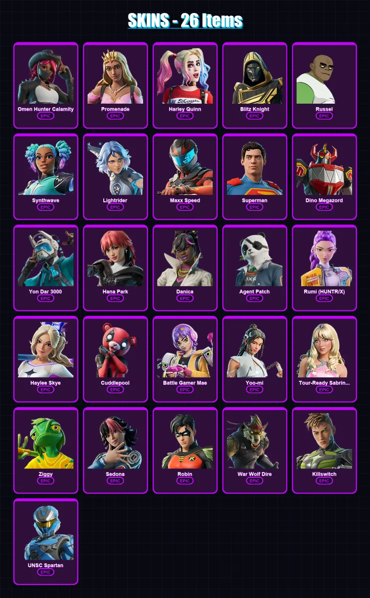 [PC/XBOX/PSN] | Omen Hunter Calamity | Promenade | Harley Quinn | Blitz Knight | Russel | 26 skin | 29 pickaxe | 36 emote | 20 glider | Lv139
